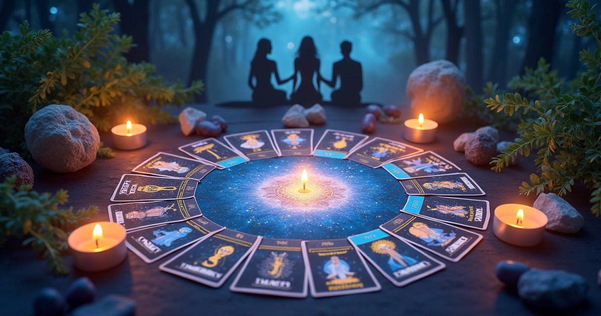 Disposição artística de cartas de tarô em uma mesa mística, iluminada por velas, simbolizando crescimento pessoal.