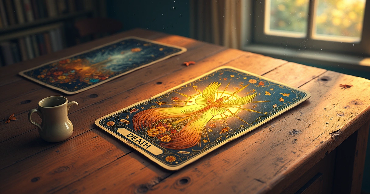 Ilustração de um baralho de tarô aberto em uma mesa de madeira, com cartas de Morte e Sol destacadas.