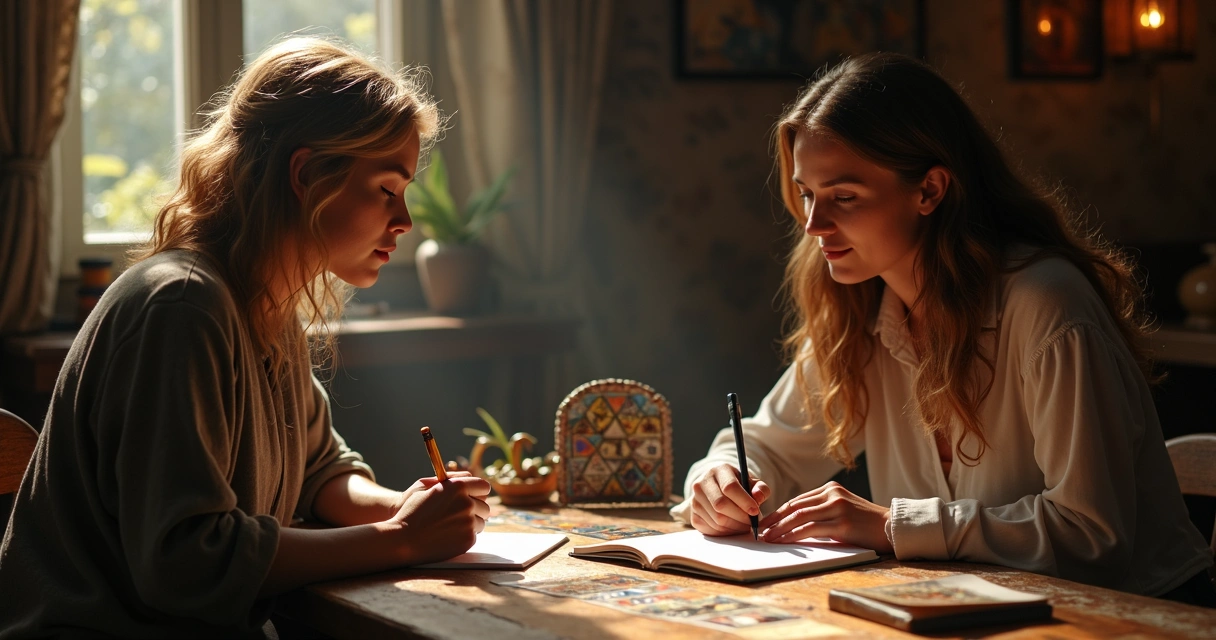 Two people having a feedback conversation after a Tarot reading, at a small table with Tarot cards and a notebook. 