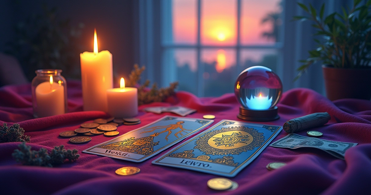 Ilustração de cartas de tarot sobre uma mesa com dinheiro e uma bola de cristal, em um ambiente místico.
