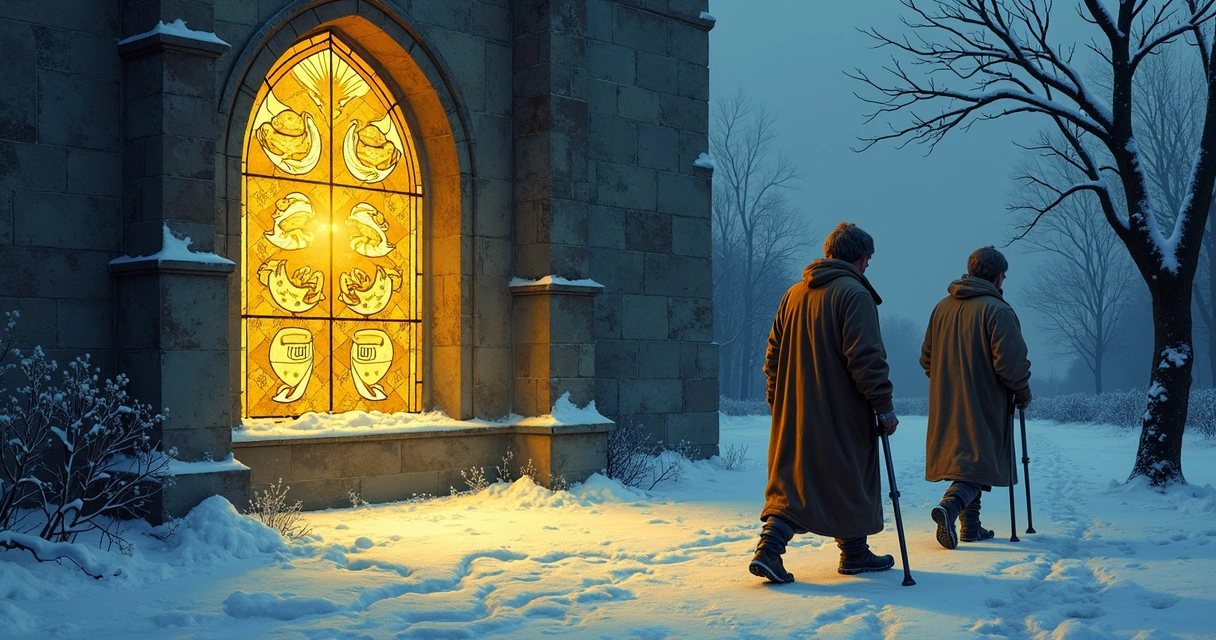 Five of Pentacles tarot card illustration with two figures walking past a glowing church window in the snow 