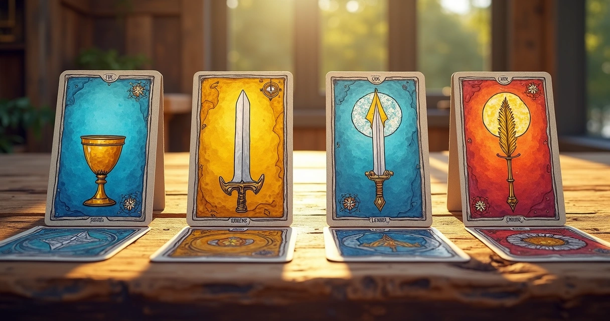 Minor Arcana tarot deck suits with symbols for Cups, Pentacles, Swords, Wands 