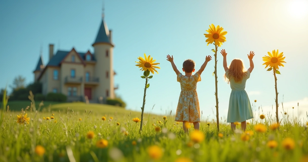 Four decorated wands with flowers standing upright. Two figures celebrating in front of a distant house.
