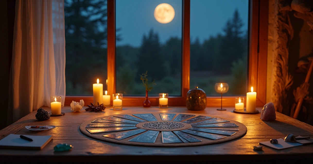Tarot cards and candles arranged for a full moon reading on a wooden table 