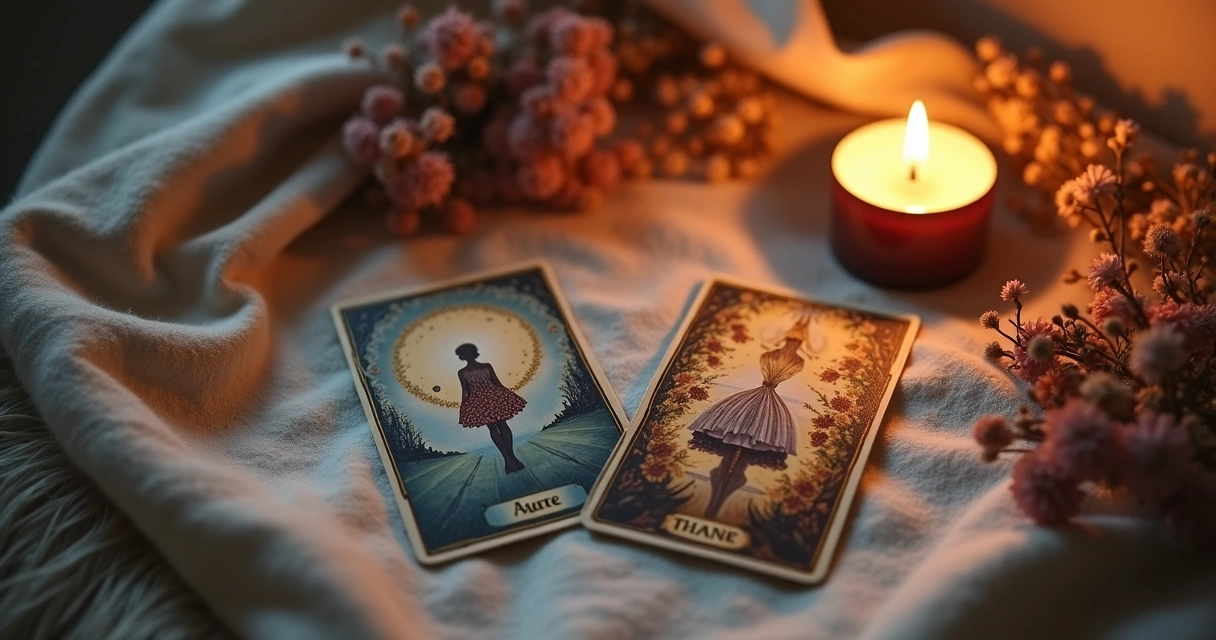 Two tarot cards and a candle for gratitude exercise