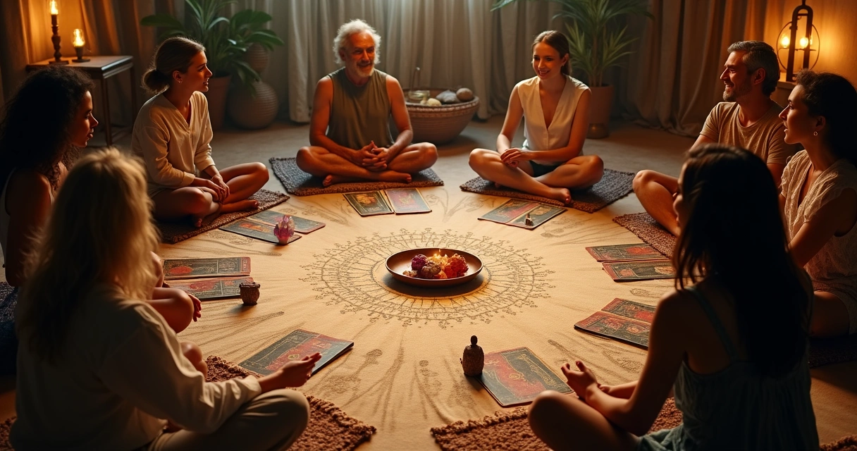 Pessoas reunidas ao redor de cartas de tarot durante uma leitura em grupo