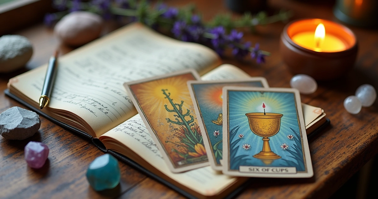 Tarot cards, healing symbols, and a journal on a wooden table 