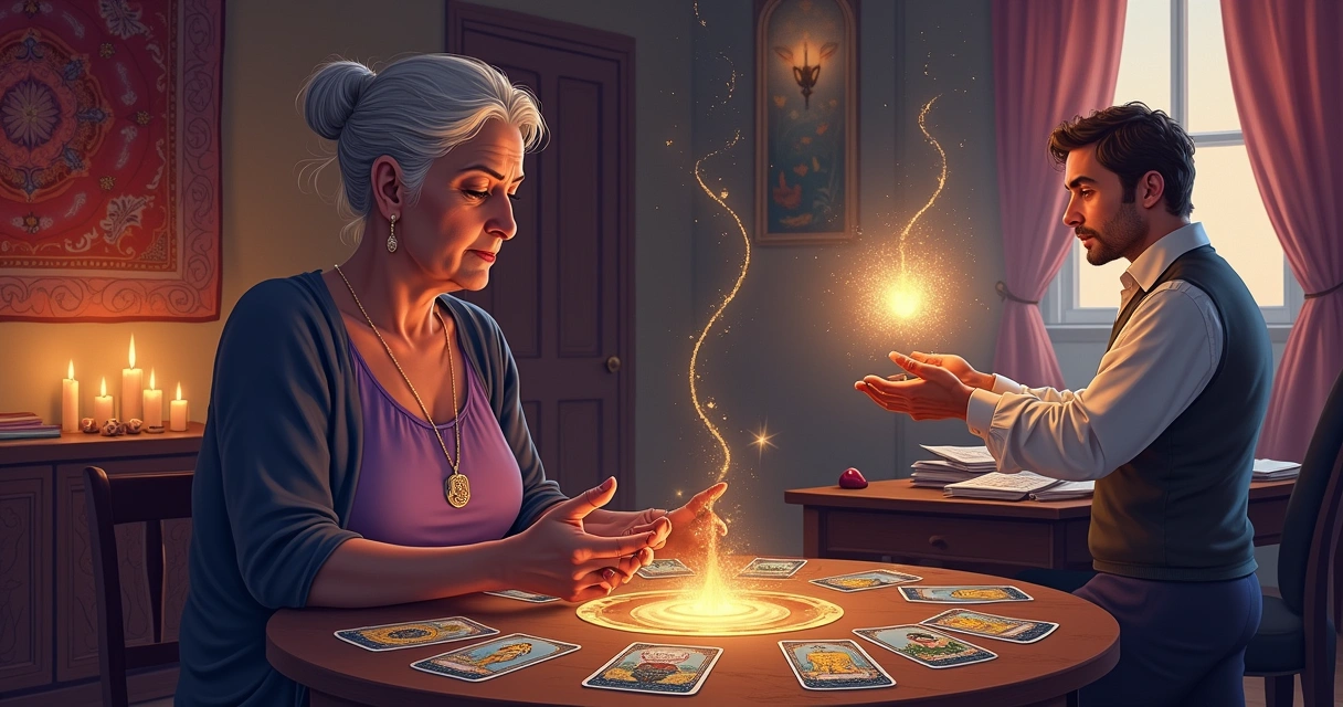 Uma mulher lendo as cartas de tarô com sutis detalhes místicos e um homem determinado ao lado com cartas.