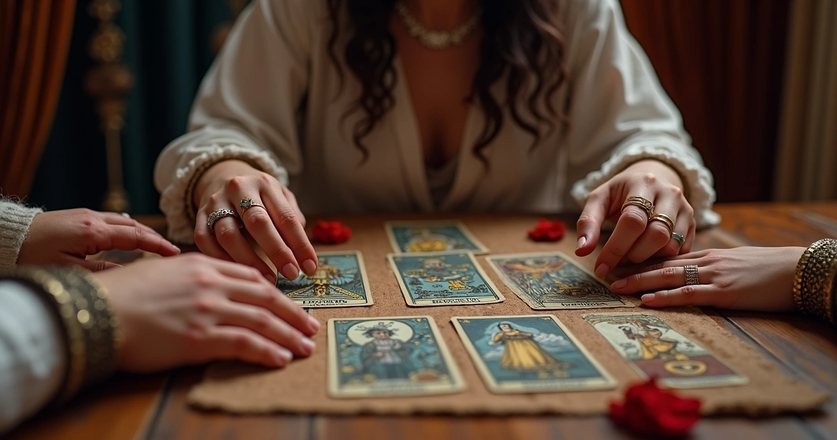 Traditional tarot card reading session at a wooden table 