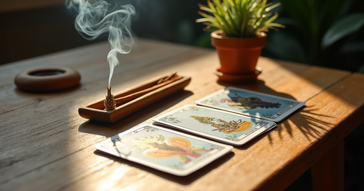 Organized tarot reading table with incense and clean surface 