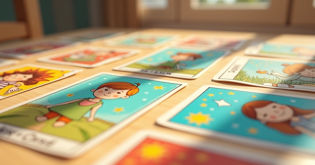 Cartas de tarot infantil coloridas e ilustradas sobre uma mesa de madeira clara 