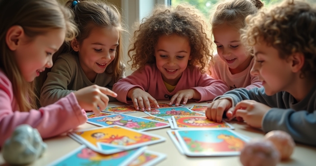 Cartas de tarot coloridas sobre uma mesa, crianças apontando para as cartas 