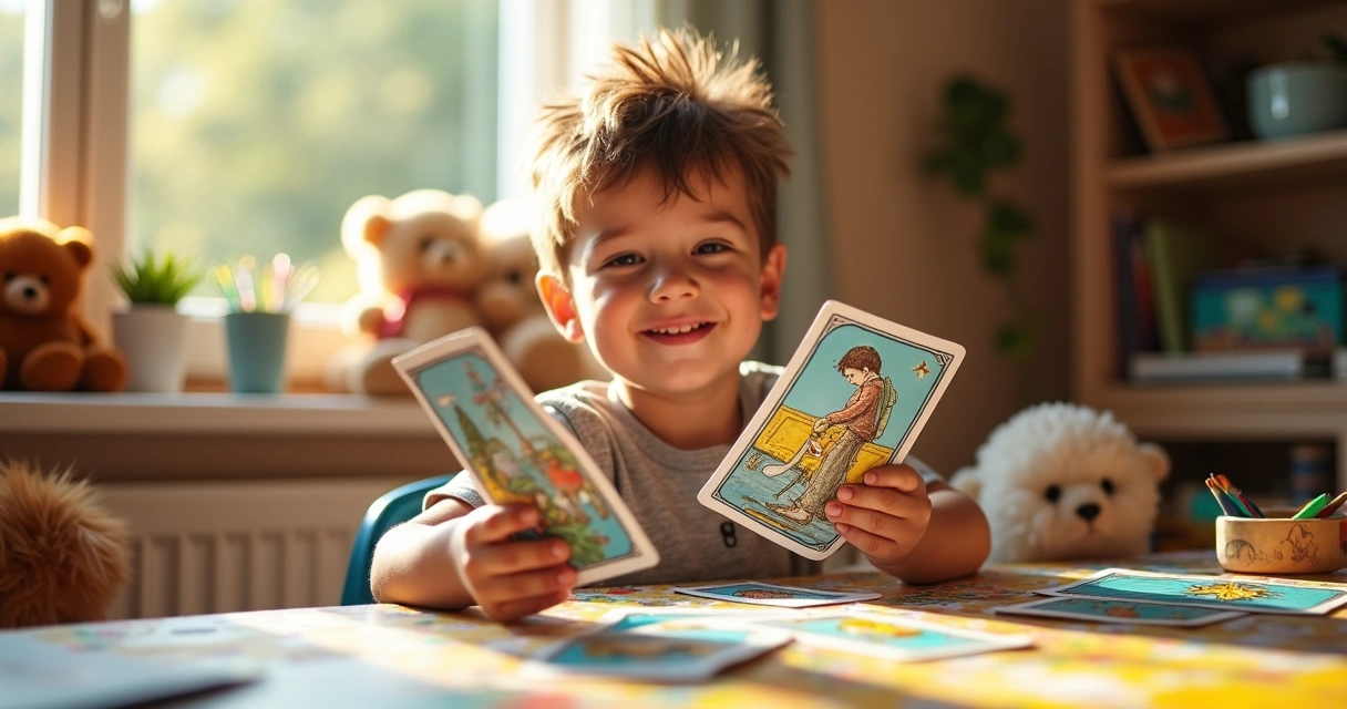 Menino sorridente embaralhando cartas ilustradas em uma mesa colorida com brinquedos lúdicos 