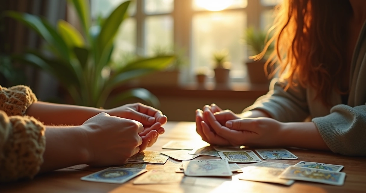 Person shuffling tarot cards near window with sunlight