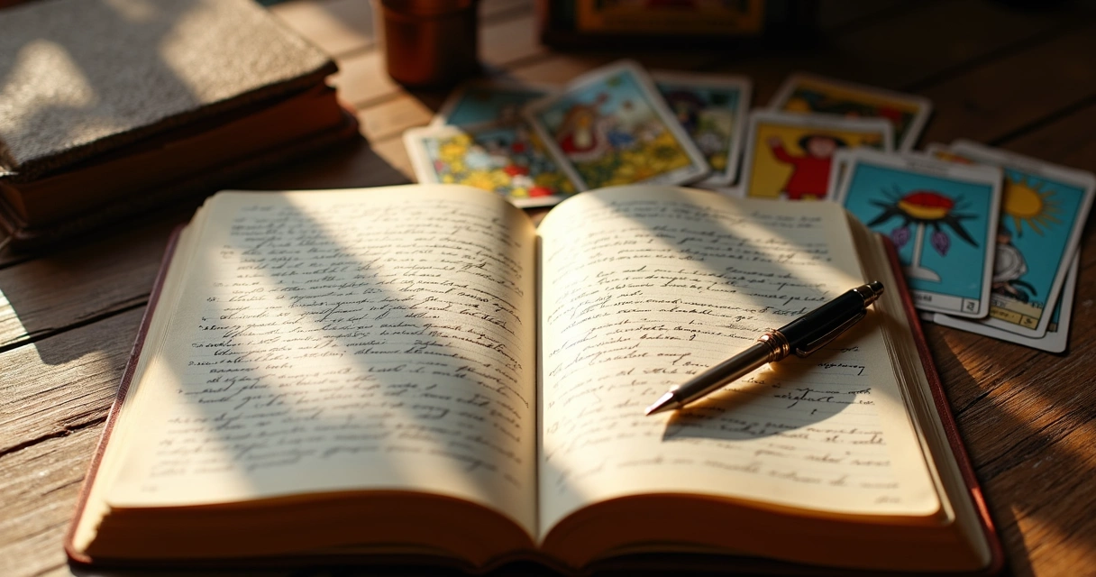 Tarot cards, open journal, and pen on a wooden desk 