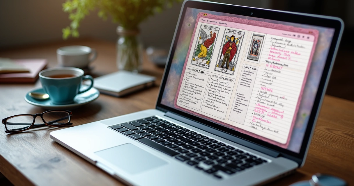 Digital tarot journal with career tarot notes and colorful card images 