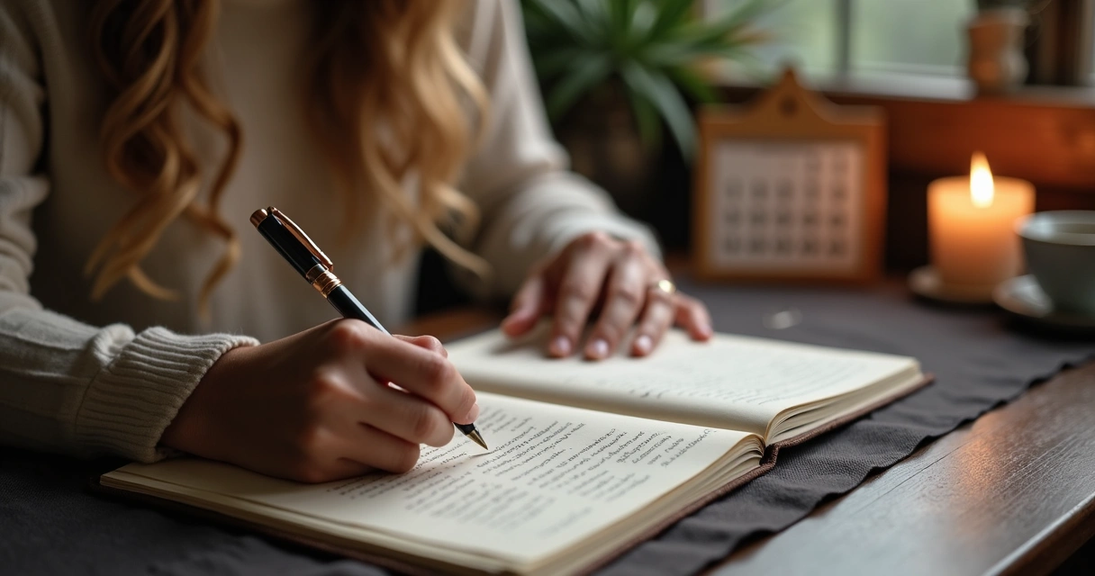 Tarot reader writing daily intention beside a three-card spread 
