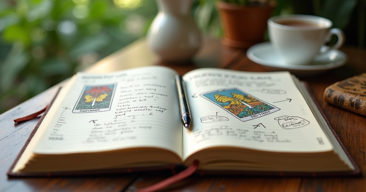 Open journal with tarot card sketches and growth notes
