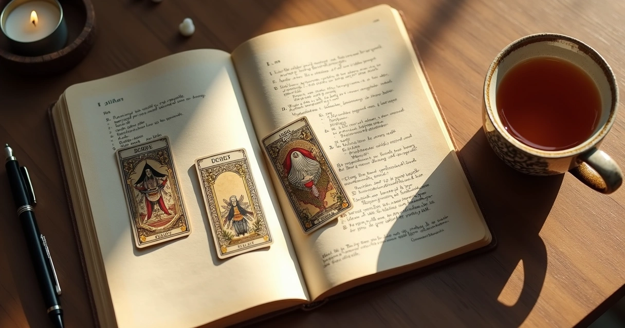 Morning tarot spread beside an open journal and candle 