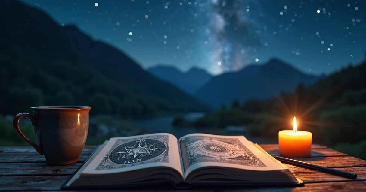 Open tarot journal with the Star card under a night sky 