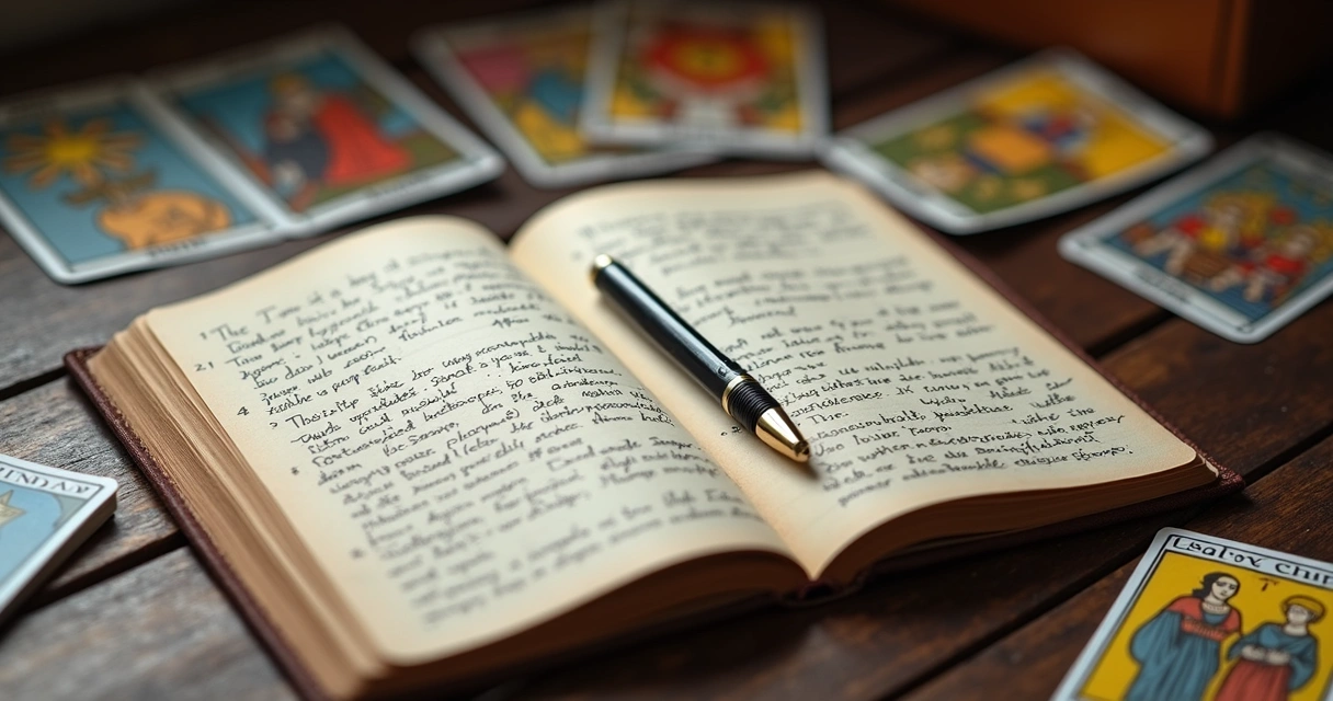 Open tarot journal with handwritten notes next to cards 