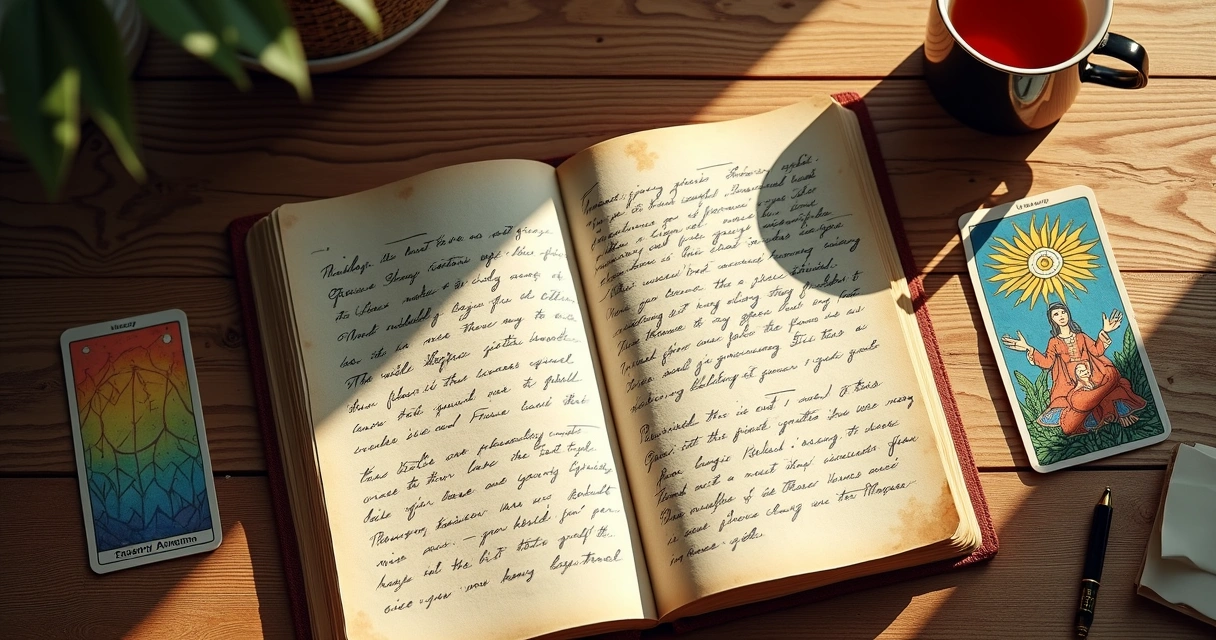 Tarot journal open with handwritten notes and tarot cards beside it. 