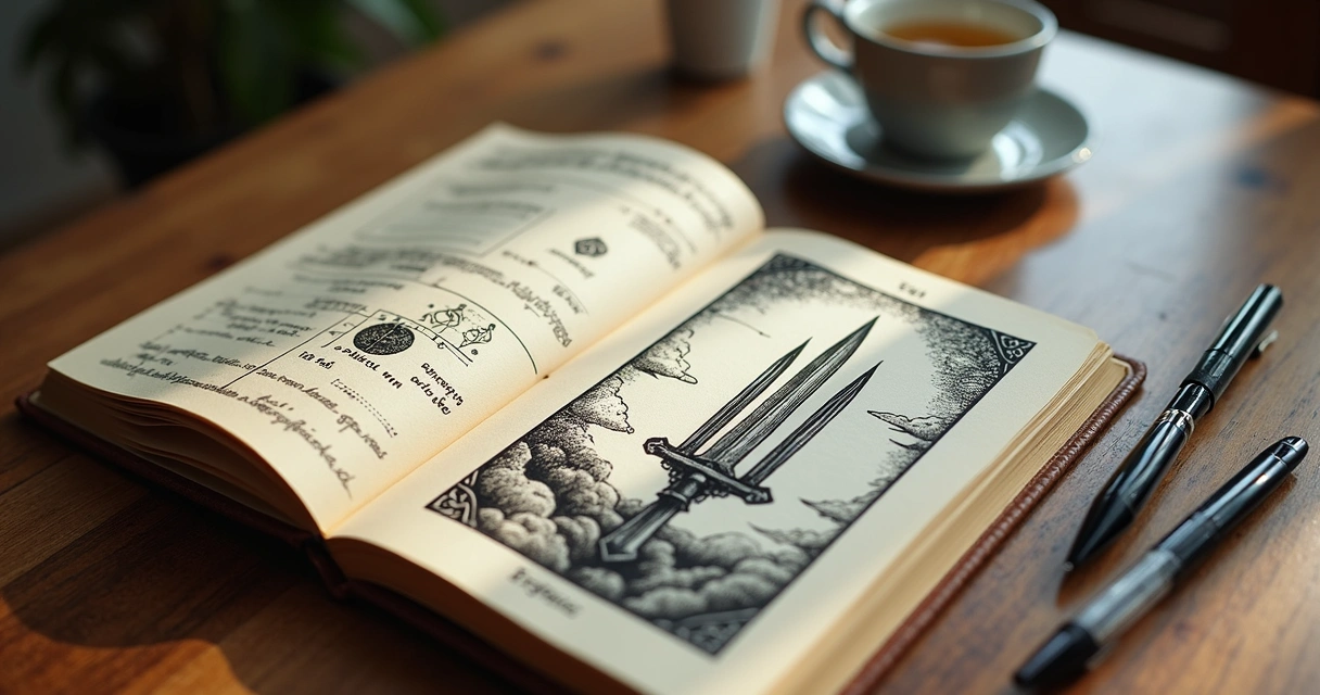 Tarot journal with Five of Swords spread and symbols 