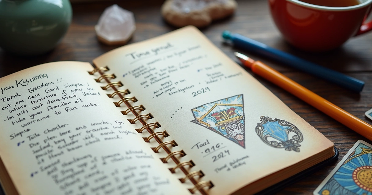 Tarot journal open with handwritten notes and drawings 