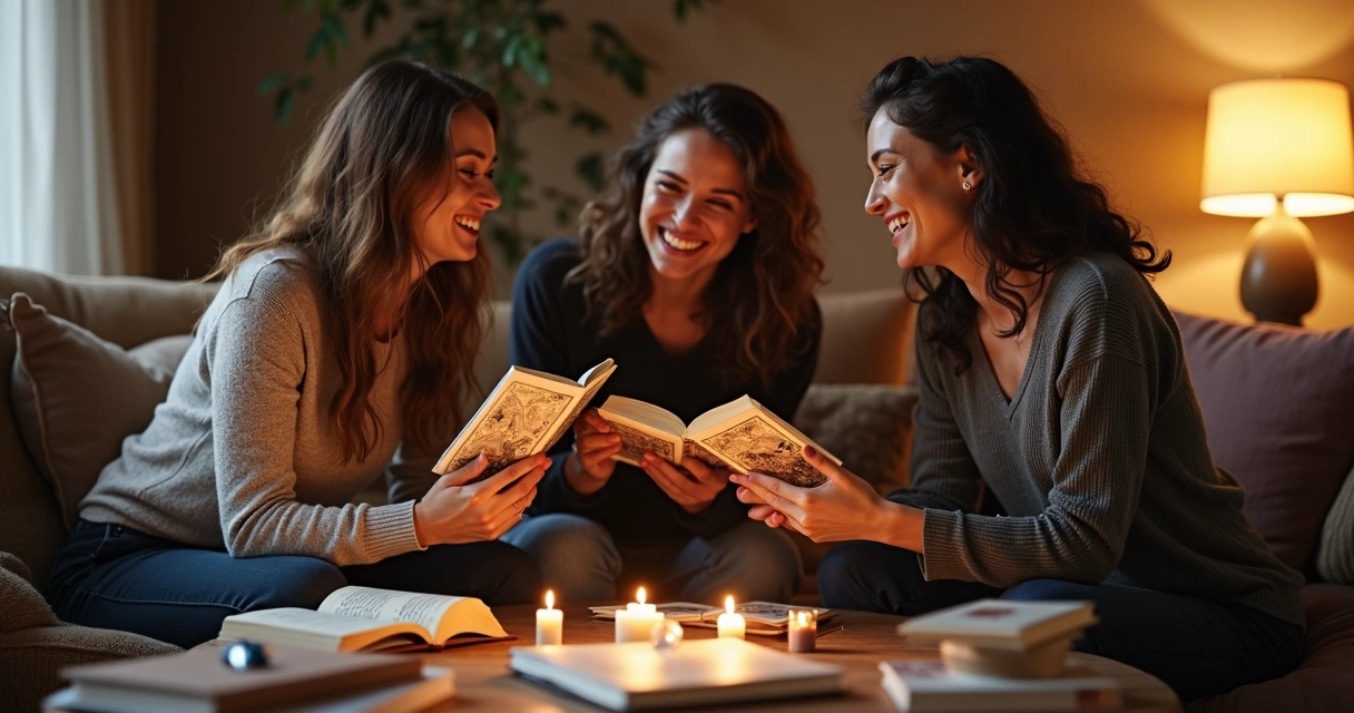 People in a cozy room sharing tarot journals and holding tarot cards. 