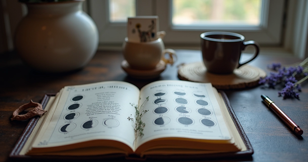 Tarot journal open next to tarot cards and moon phase illustrations. 