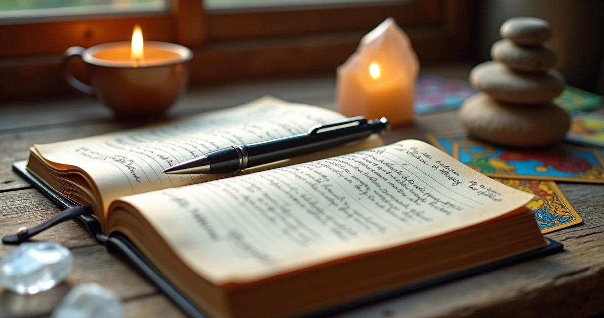 Open tarot journal with colorful cards, pen, and crystal on wooden table 