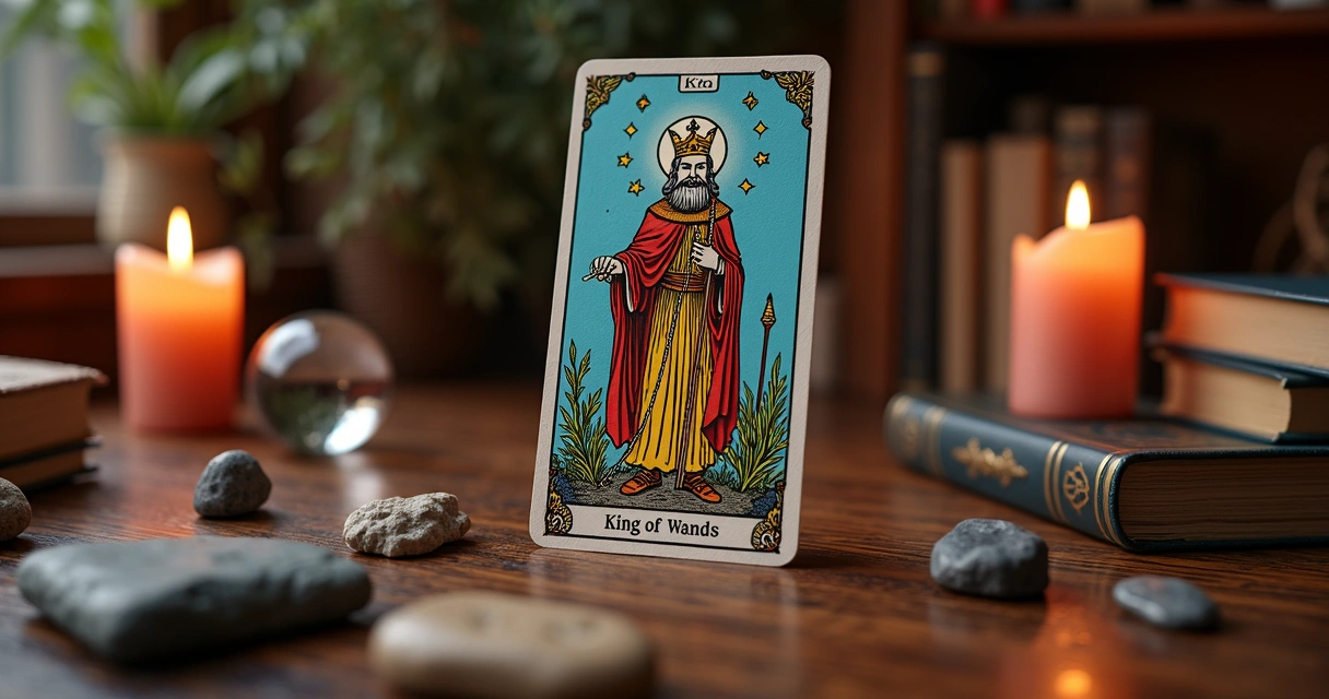 King of Wands tarot card on a wooden desk with candles and crystals 
