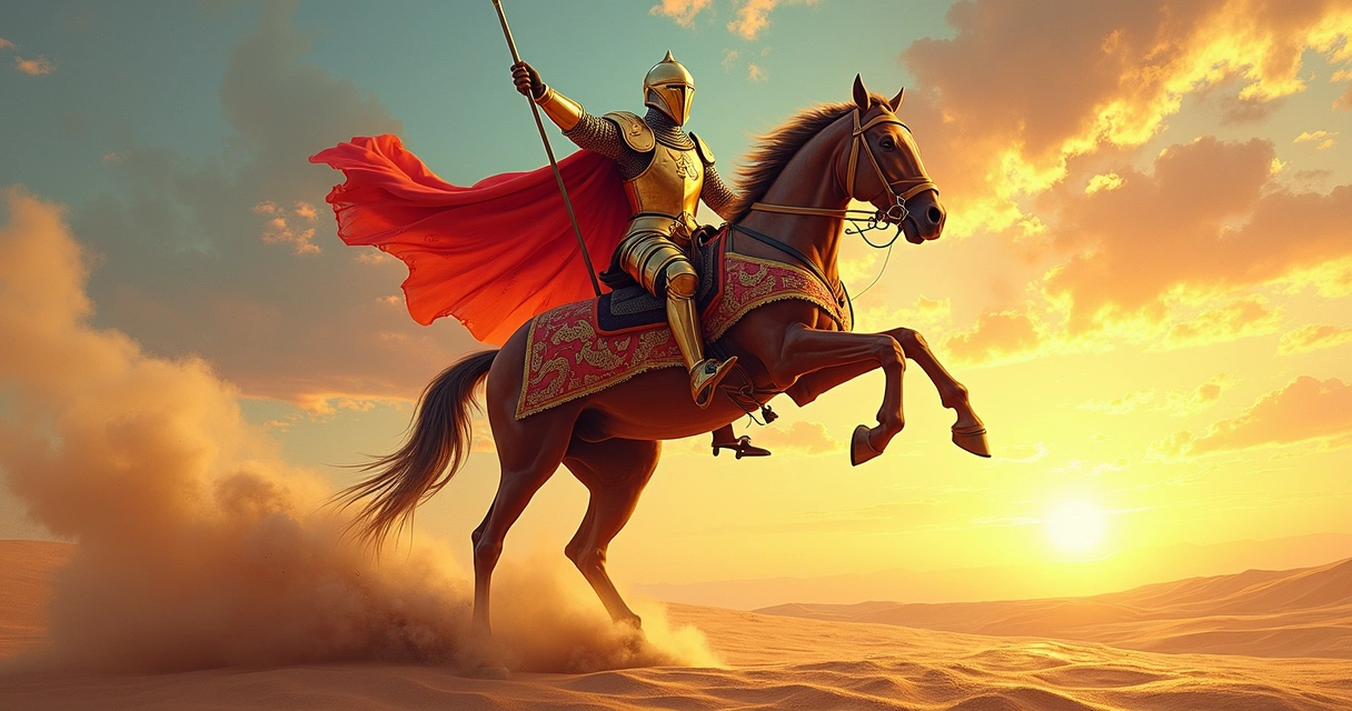 Knight of Wands card in a tarot deck, with a knight holding a wand on a rearing horse 