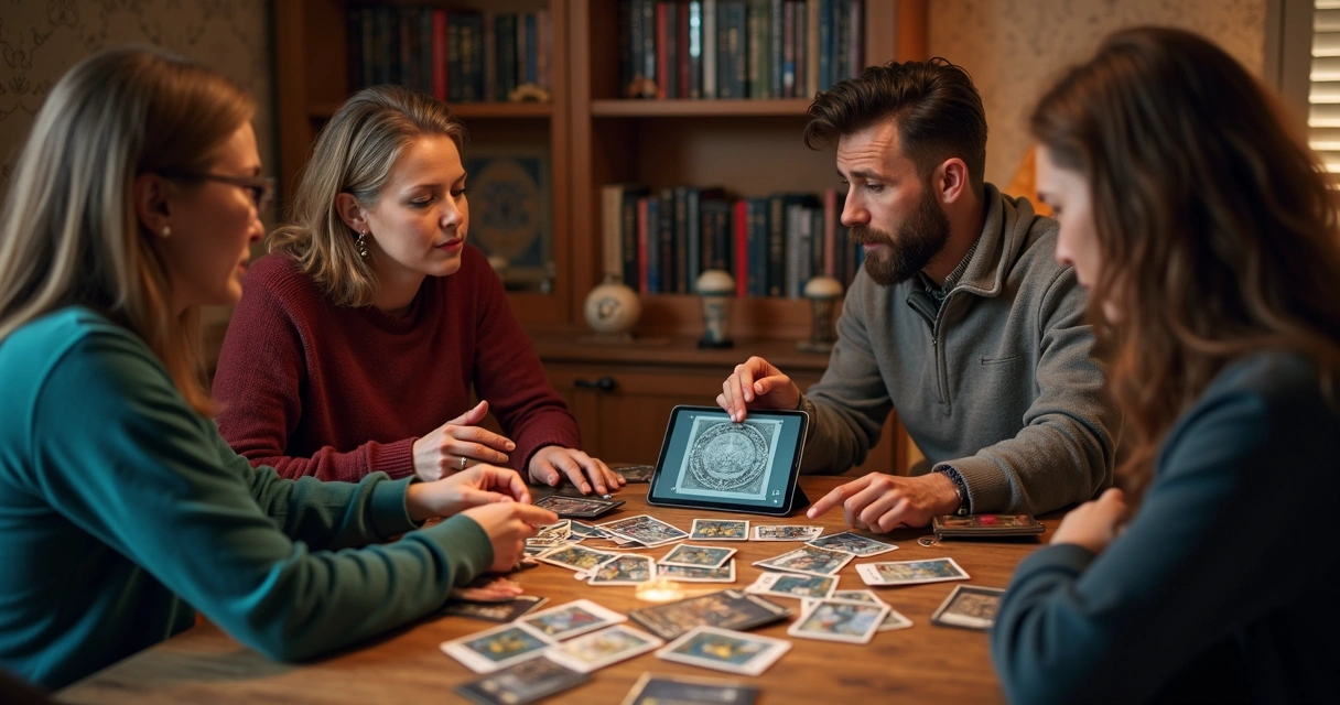 Tarot study group using digital tools and discussing cards 