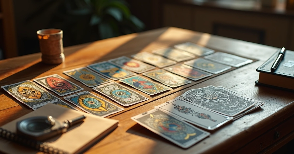 Tarot, Lenormand, and Runes cards spread out on a table 