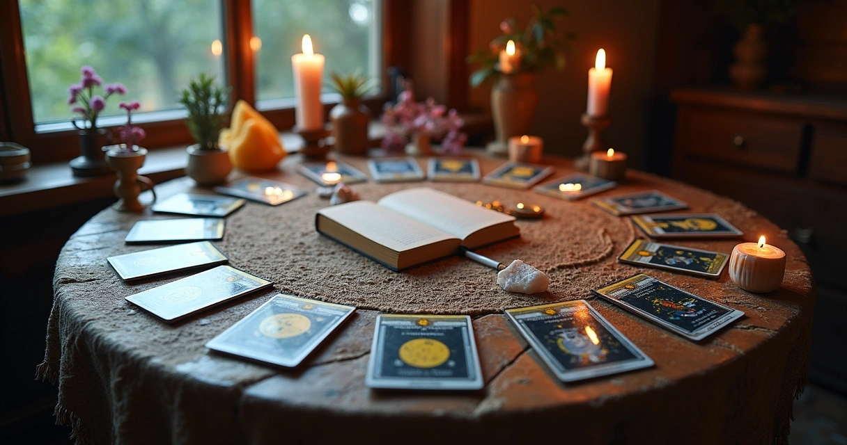 Cartas de tarot dispostas em círculo próximo a cristais e uma vela iluminada. 