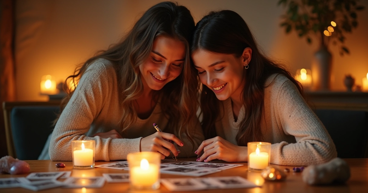 Mães e filhas tirando cartas de tarot em mesa iluminada com ambiente acolhedor 