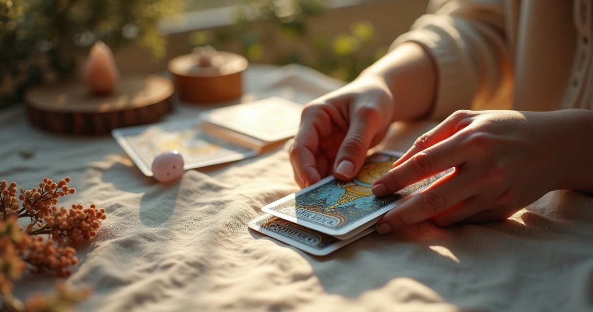 Mãos femininas embaralhando cartas de tarot com fundo de luz suave. 