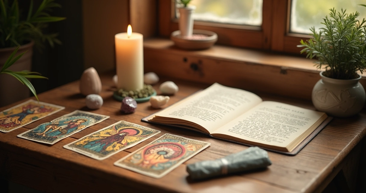 Cartas de tarot e objetos de meditação sobre uma mesa 
