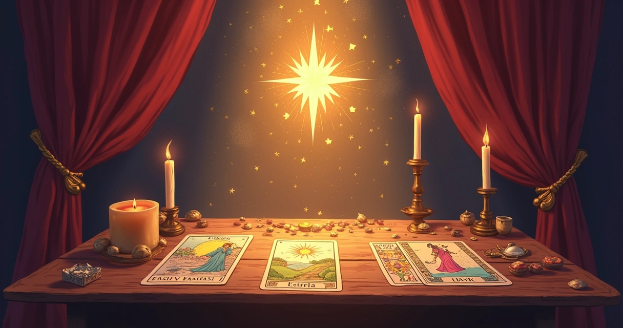Baralho de tarot aberto em mesa de madeira com iluminação suave, destacando a carta da Estrela.