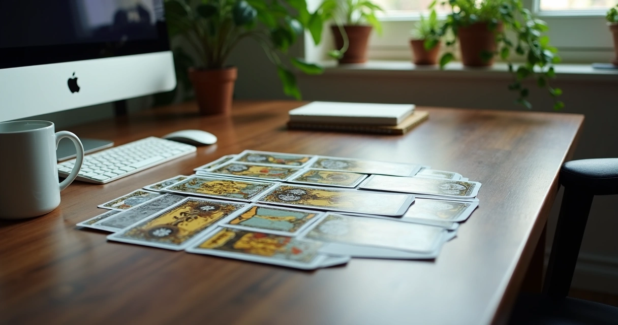 Leitura de tarot em mesa de escritório moderna com laptop e plantas