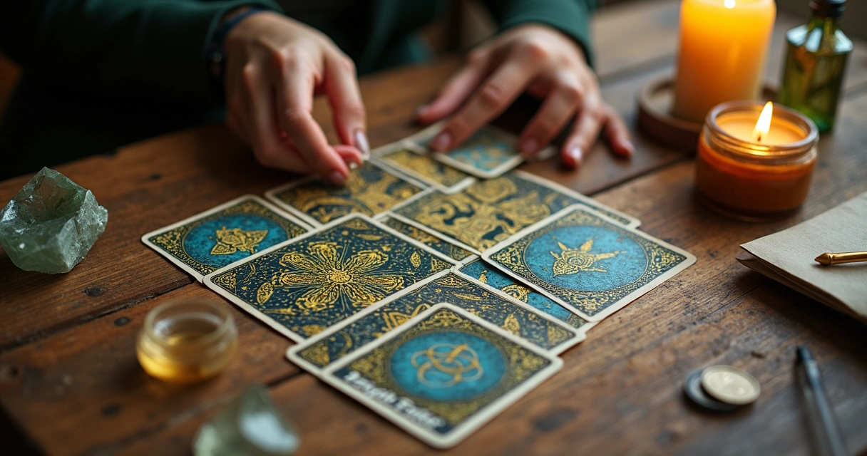 Mesa de tarot com cartas de ouros e símbolos de dinheiro e carreira 