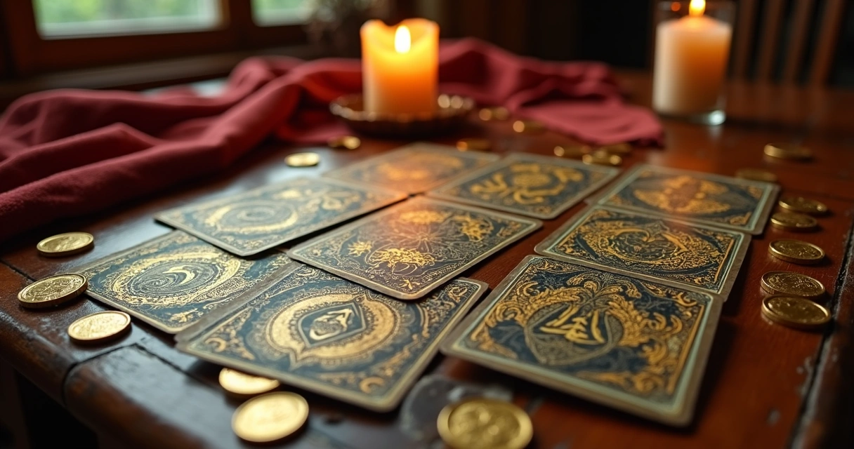 Cartas de Tarot do naipe de Ouros e moedas reais ao lado