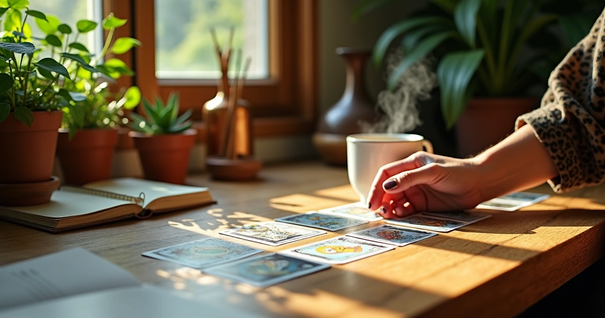 Tarot cards spread on a sunlit wooden desk 