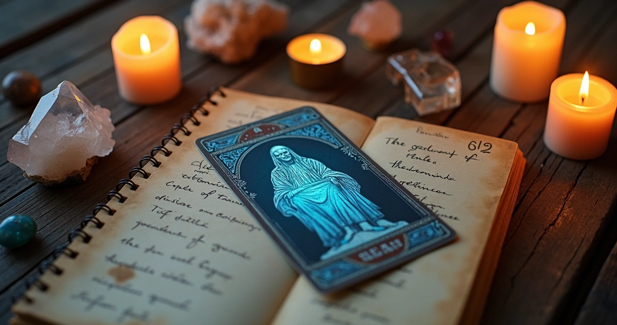 Carta A Morte do tarot sobre mesa com cristais e velas 