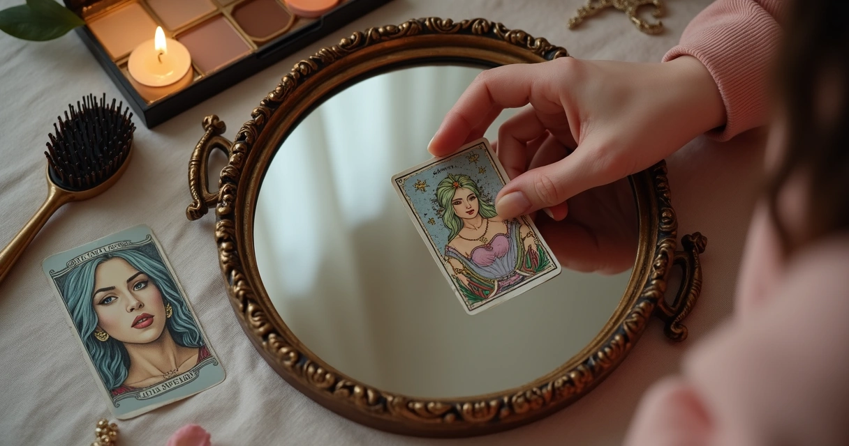 Cartas de tarot próximas a um espelho redondo, com maquiagem e acessórios de beleza 