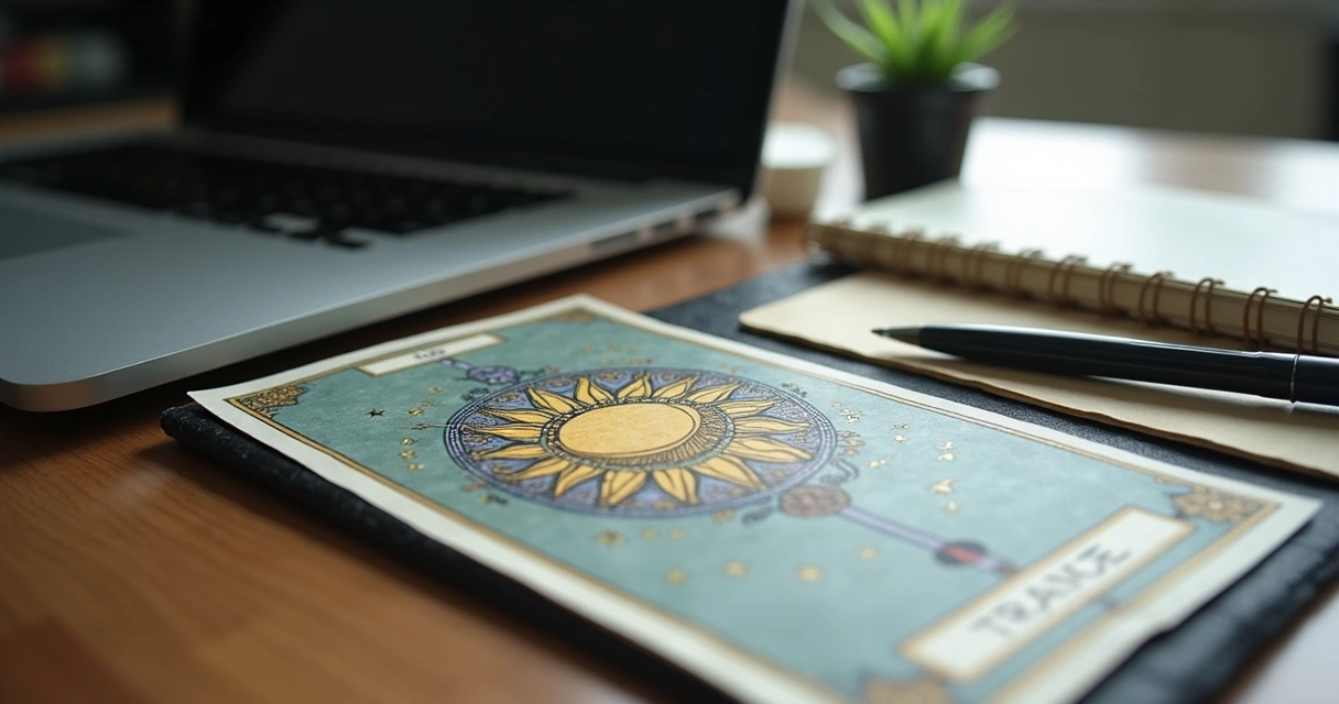 Cartas de tarot e caderno em mesa de trabalho 