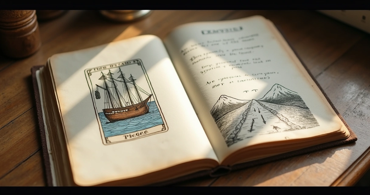 Tarot notebook, Three of Wands card, and journey symbols on a desk 