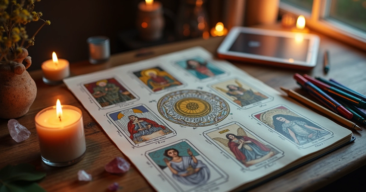Tarot reading workspace with notebook, pens, and tarot cards on table 