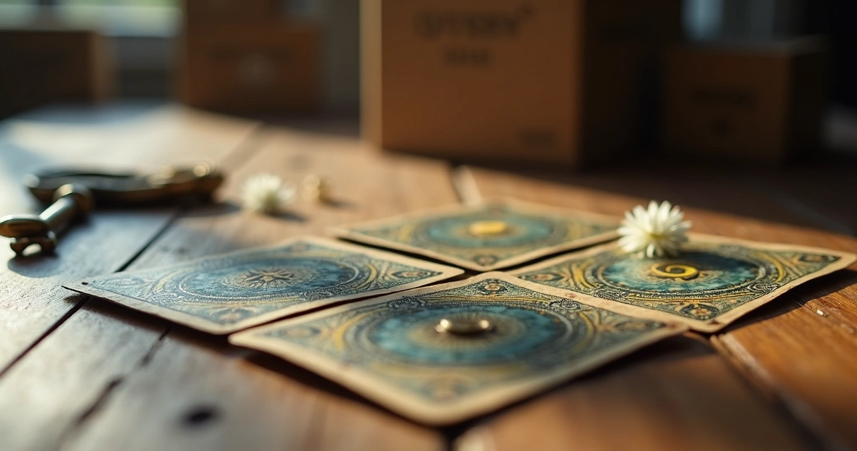 Cartas de tarot cigano espalhadas em mesa de madeira, ao lado de uma chave antiga e uma flor 